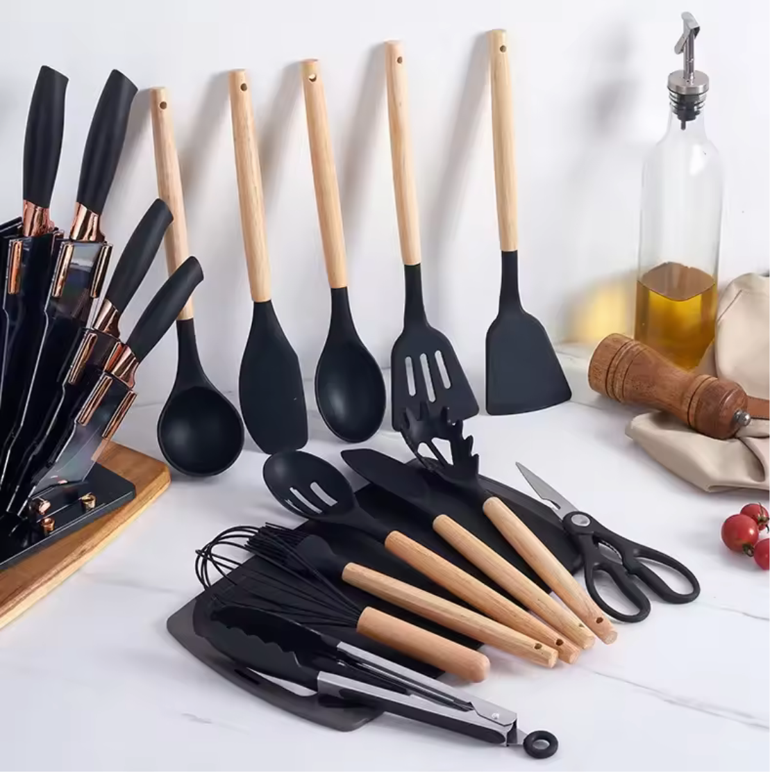 Set Of 20 Silicone Kitchen Utensil With Chopping Board, Cooking Spoon Knife & Fork Set, Wooden Handle Cooking Tool Set Set Of 20 Silicone Kitchen Utensil With Chopping Board, Cooking Spoon Knife & Fork Set, Wooden Handle Cooking Tool Set